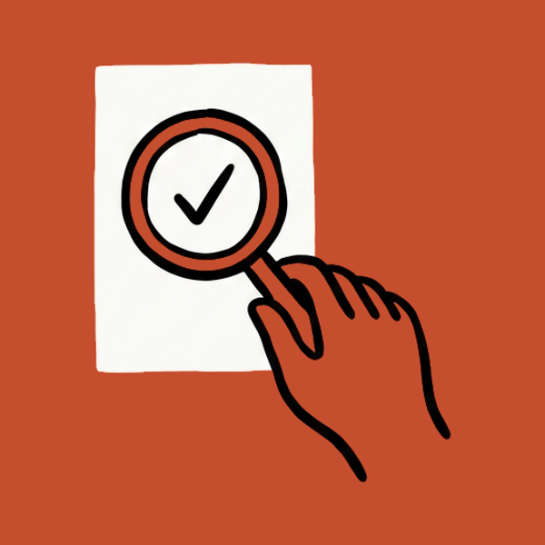 A magnifier inspecting a document with a checkmark.