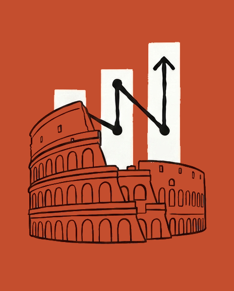 A Roman Colosseum beneath rising bars and an upward arrow, heritage meeting momentum.